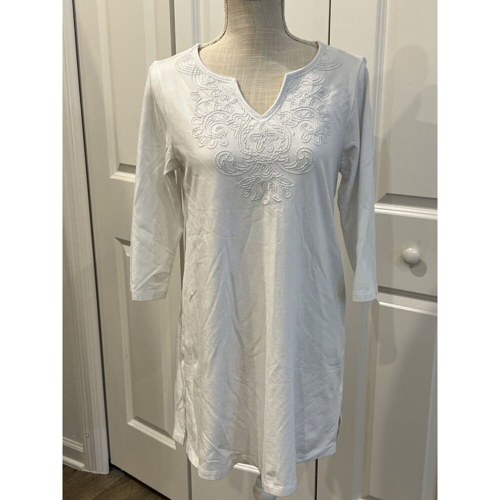 Denim & Company Beach Cover Up 3/4 sleeve Metallic Detail White Size XS